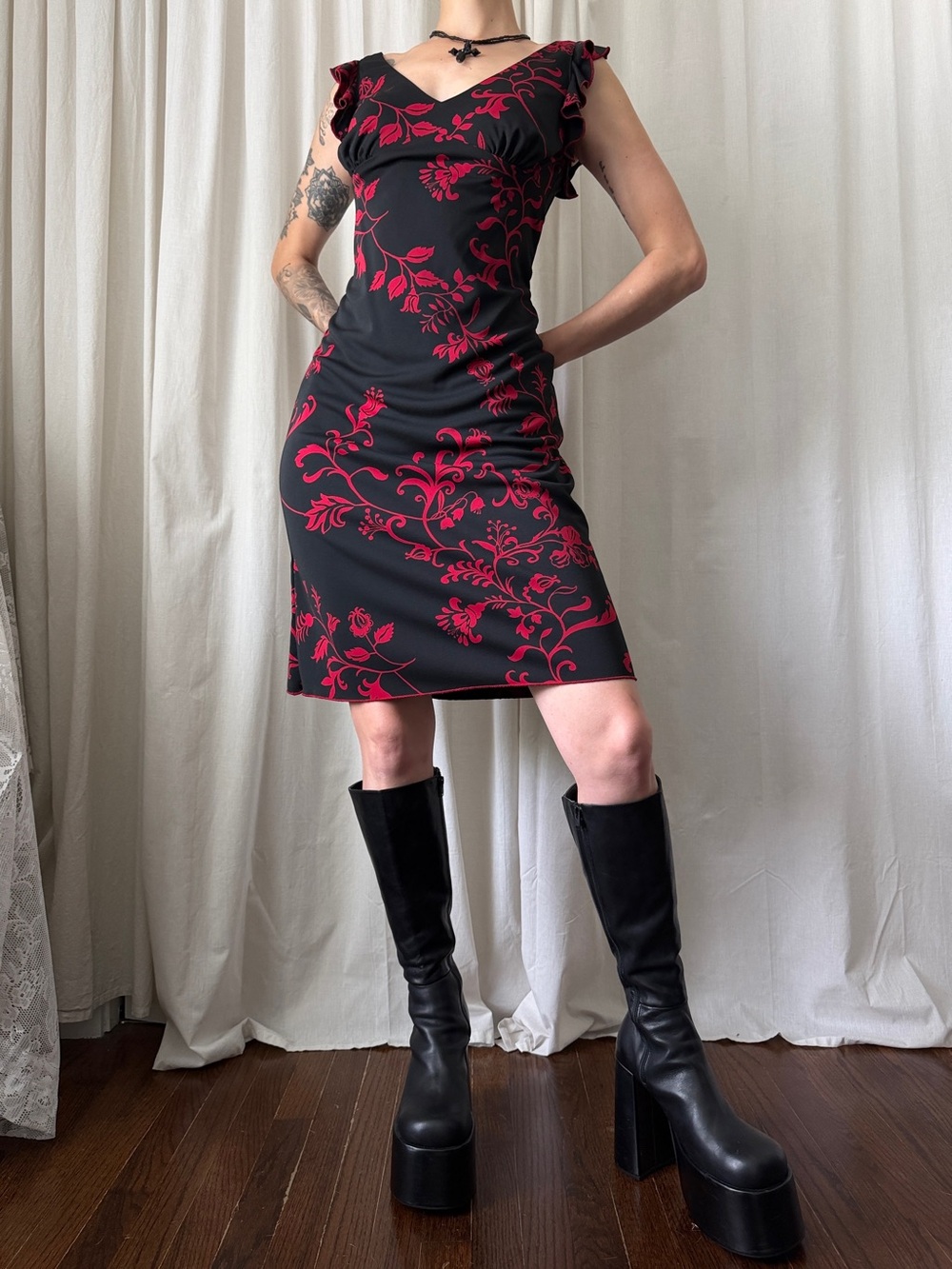 Vintage DBY Black & Red Midi Dress Women's Size 3/4 | Y2K Goth 90s